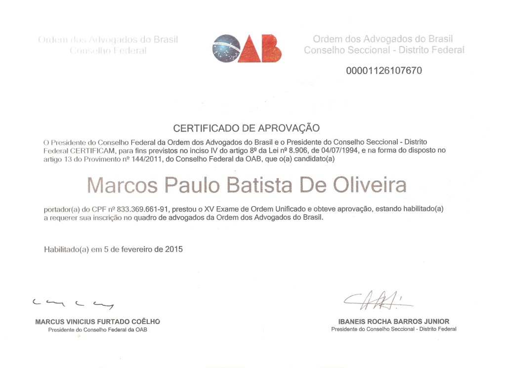 #9 – XV Exame OAB – Certificado De Aprovação Emitido – 16.04.15 ...